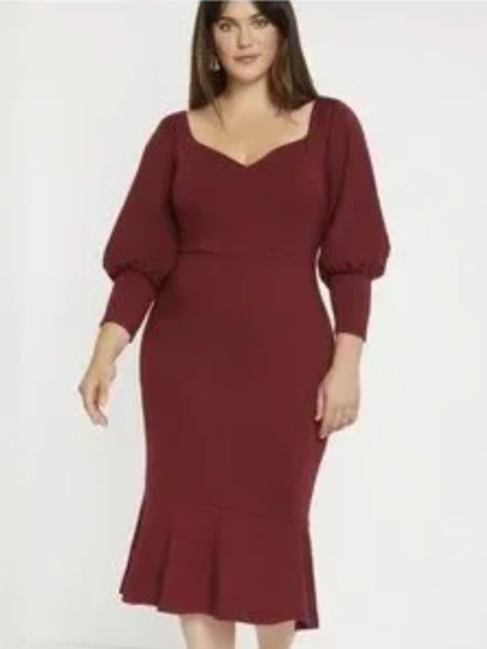 Eloquii Plus Wine Maroon Red Fluted Midi Long Sleeve Sweetheart Bodycon Dress 20